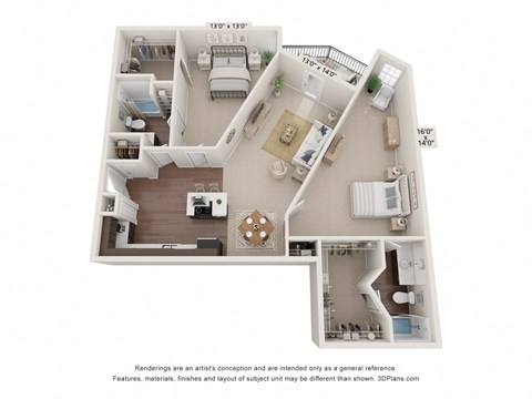 Floor plan for 2 beds, 2 baths, 1405 sqft